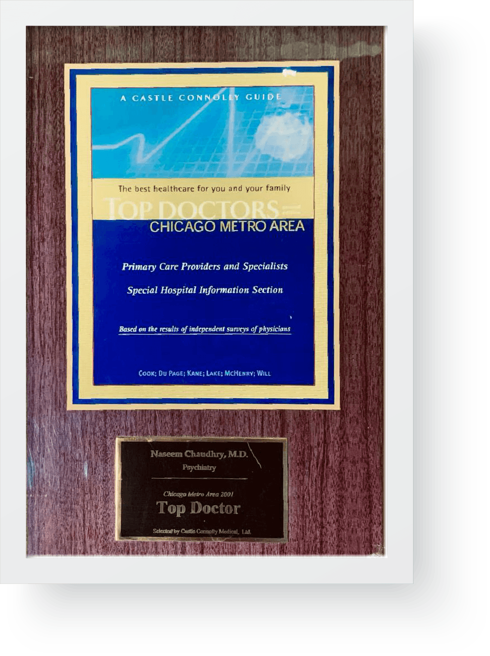 The Castle Connolly Top Doctor plaque awarded to Dr. Naseem Chaudhry